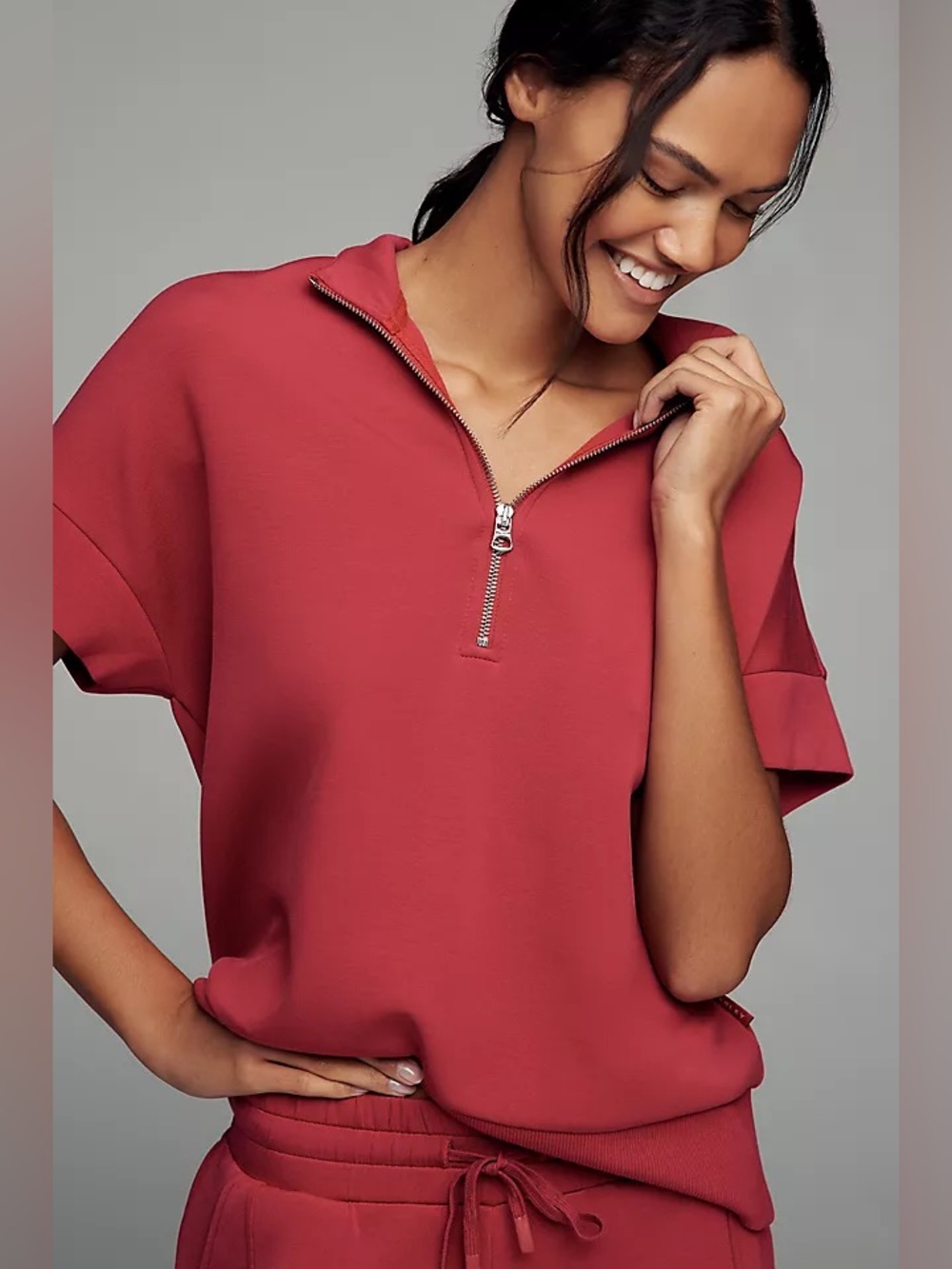 Anthropologie Rose-Red Half-Zip Short-Sleeve Sweatshirt